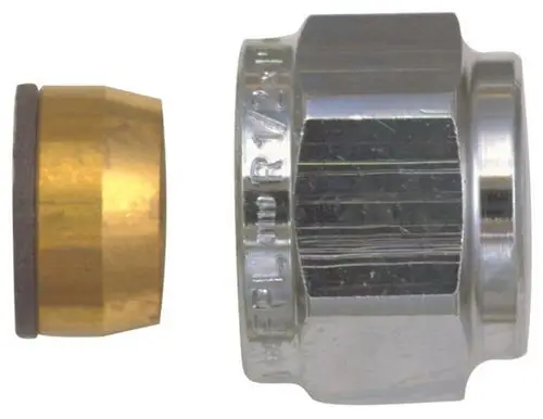 Kompressionsverschraubung aus Metall mit sechseckigem Abschnitt und einer golden gefärbten Komponente, Hersteller IMI Hydronic Engineering.